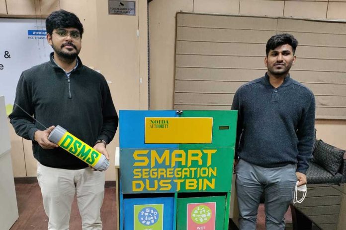 Rajat-and-Nikhil-with-smart-segregation-dustbin-and-ICT-tool