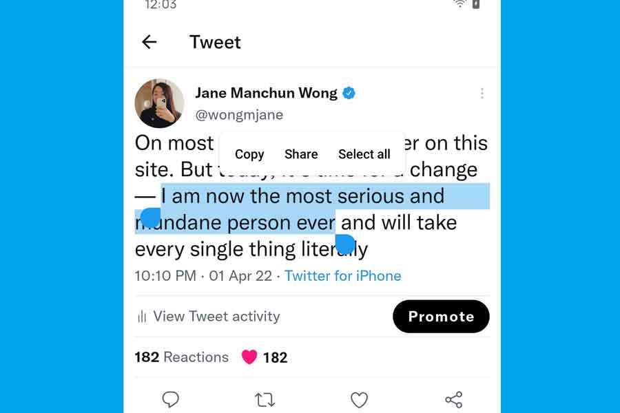 Twitter text select feature for android