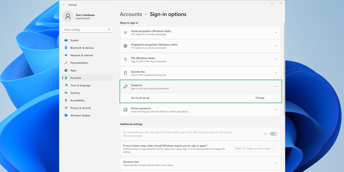 Steps to change your password in Windows 11: Click change