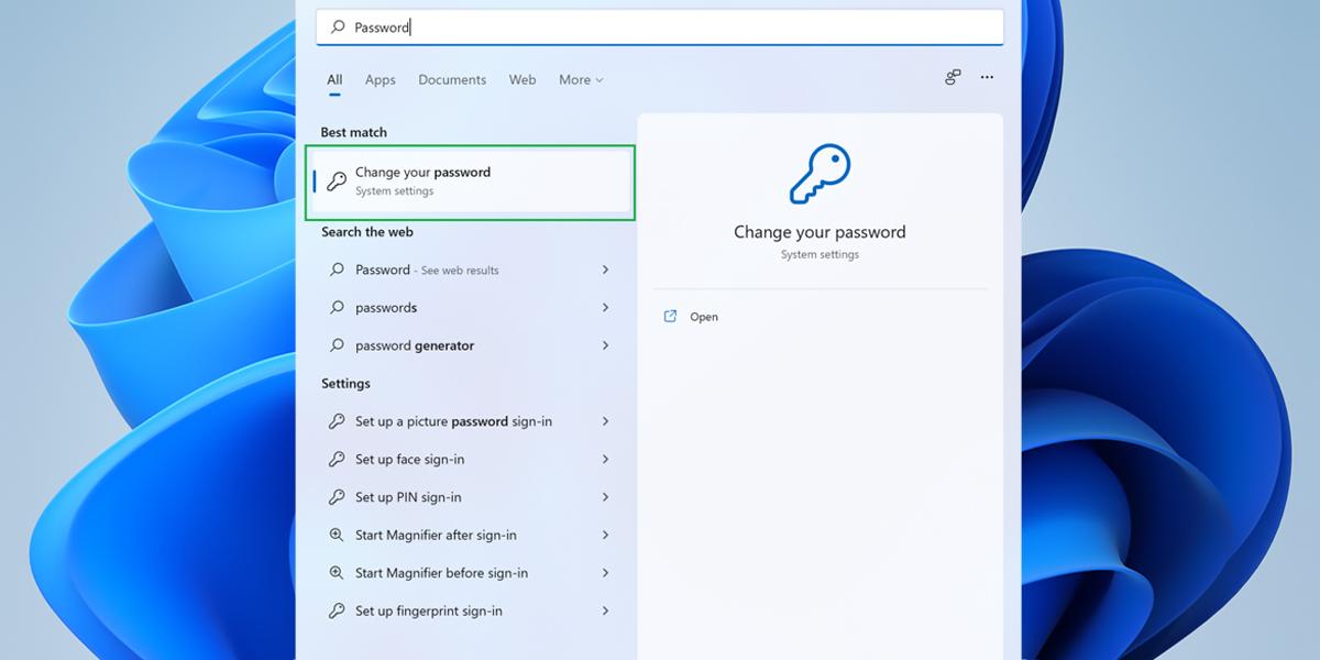 Steps to change your password in Windows 11: open settings app