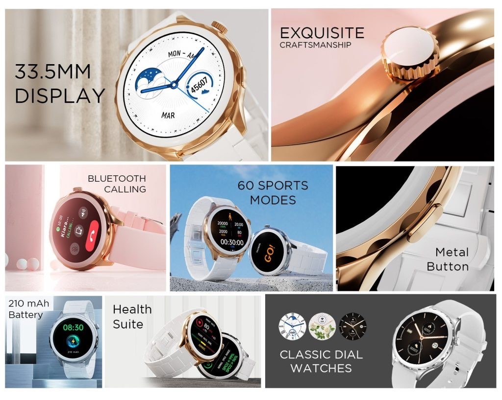 Highlights • Fire-Boltt presents Pristine, its first-ever Women’s LUXE Edition smartwatch. • The smartwatch is Equipped with a 1.32” HD display & advanced features like BT calling, 60 sports modes & a complete health suite. • The smartwatch is available on Flipkart at INR 2999 onwards . Fire-Boltt, a homegrown smart wearable brand, announced the launch of its first-ever women’s LUXE Edition smartwatch, Pristine. A perfect blend of elegance and intelligence, this latest smartwatch from the brand’s LUXE range is loaded with advanced features to help women stay connected and healthy. An ode to women’s spirit, this sophisticated timepiece comes with a sleek round-screen display that offers a royal look and classic feel. Its delicate crown, shell-printed stainless steel bezel metal button, and integrated back shell highlight its exquisite craftsmanship. Pristine features a stunning 1.32’ HD display with a 360 x 360 pixels resolution and is now available on Flipkart at INR 2999 onwards. With an innovative watch body design, Fire-Boltt Pristine has a line-like silhouette, highlighting pure modern aesthetics. Its 43 mm dial configuration, 3D curved glass, and every gesture emanate femininity and elegance. The smartwatch is available in two varieties of straps- Silicon and Ceramic. While the Silicon strap comes in 3 colors- Pink, Silver, and Gold; the Ceramic variant comes in a striking pearl-white color with a gold dial. Apart from its spectacular design, Pristine is also high on functionality. It is equipped with top-of-the-line features like smart Bluetooth calling, 60 exclusive sports modes, remote camera control, and much more. Commenting on the launch, Aayushi Kishore and Arnav Kishore, Co-Founders of Fire-Boltt, said, “We are ecstatic to introduce our first-ever Women’s LUXE Edition smartwatch. Crafted with utmost precision and artistry, Pristine is an ode to the spirit of women. We are confident that this elegant timepiece will delight our female customers as it will fulfill their fitness as well as fashion needs.” Fire-Boltt Pristine comes with the brand’s signature health suite which means the users can track their heart rate, SpO2 level, menstrual cycle and sleep cycle on the go. Moreover, the smartwatch has 2 types of menu layouts and a variety of elegant watch faces to match any outfit or mood. Remote camera control, 210 mAh long battery life, smart notifications, sedentary reminders, and many more fascinating features round out the smartwatch's impressive list of capabilities. Quick specifications: Fire-Boltt Pristine Smartwatch * 3D Curved glass design * Metal button; Rotating Crown * Ceramic and Silicone Straps * 1.32″ Round display, 360×360 resolution * Bluetooth 5.0 * Bluetooth Calling, Call history, Quick dial pad, Sync contacts * Inbuilt Mic and Speaker * Classical Dial Watch faces * 60+ Sports modes * Battery Life: 210mAh battery, up to 15 days * Fire-Boltt Health Suite: Sleep, SpO2 and Heart rate tracking * Smart Notifications; In-built Games; AI Voice Assistant support * Other Features: 2 Menu layouts, Health and wellness reminders, Calculator, Find My Phone, music control, camera control, weather forecasts, a timer, and an alarm clock * 1-year warranty Fire Boltt Pristine Price & Availability You can buy the Fire-Boltt Pristine smartwatch for a launch price of Rs. 2999 on Flipkart, Fireboltt.com, and in physical stores. The watch comes in two strap types, silicon and ceramic. The silicon straps are available in pink, silver, and gold, while the ceramic variant features a pearl-white color with a gold dial. FAQ's on Fireboltt Pristine Smartwatch 1) Where can I buy the Fireboltt Pristine Smartwatch ? Ans) Fireboltt Pristine Smartwatch is available on Flipkart , Fireboltt.com & physical stores. 2) Which Color’s are available in Fireboltt Pristine Smartwatch ? Ans) The silicon straps of Fireboltt Pristine Smartwatch are available in pink, silver, and gold, while the ceramic variant features a pearl-white color with a gold dial. 3) How is the design of Fireboltt Pristine Smartwatch ? Ans) With an innovative watch body design, Fire-Boltt Pristine has a line-like silhouette, highlighting pure modern aesthetics. Its 43 mm dial configuration, 3D curved glass, and every gesture emanate femininity and elegance. The smartwatch is available in two varieties of straps- Silicon and Ceramic. While the Silicon strap comes in 3 colors- Pink, Silver, and Gold; the Ceramic variant comes in a striking pearl-white color with a gold dial. 4) What are the health features of Fireboltt Pristine Watch? Ans) Fire-Boltt Pristine comes with the brand’s signature health suite which means the users can track their heart rate, SpO2 level, menstrual cycle and sleep cycle on the go. Also Read: Fire-Boltt BLIZZARD Smartwatch with ceramic body, 1.28″ display, Bluetooth calling & 220mAh battery charging Up to 7 Days launched in India: Price, Availability & Specifications Also Read: Fire-Boltt Sphere with shockproof body, 600mAh battery & sweat -proof Strap launched in India: Price, Specifications & Availability Also Read: Fire-Boltt Legend smartwatch with 1.39″ full-touch HD display, BT calling launched in India: Price, Specifications & Availability
