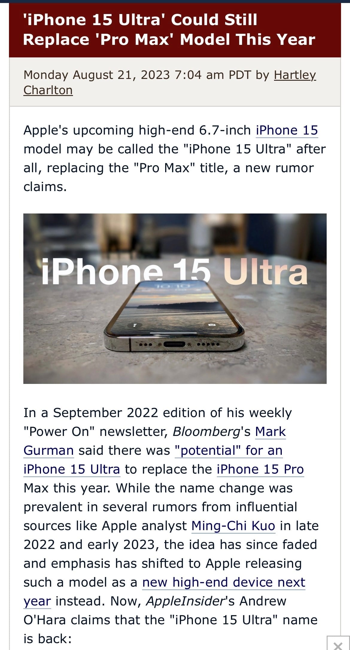 Bloomberg's Mark Gurman said there was "potential" for an iPhone 15 Ultra to replace the iPhone 15 Pro Max this year 