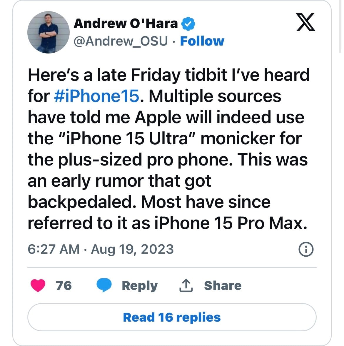 AppleInsider's Andrew O'Hara claims that the "‌iPhone 15‌ Ultra" name is back