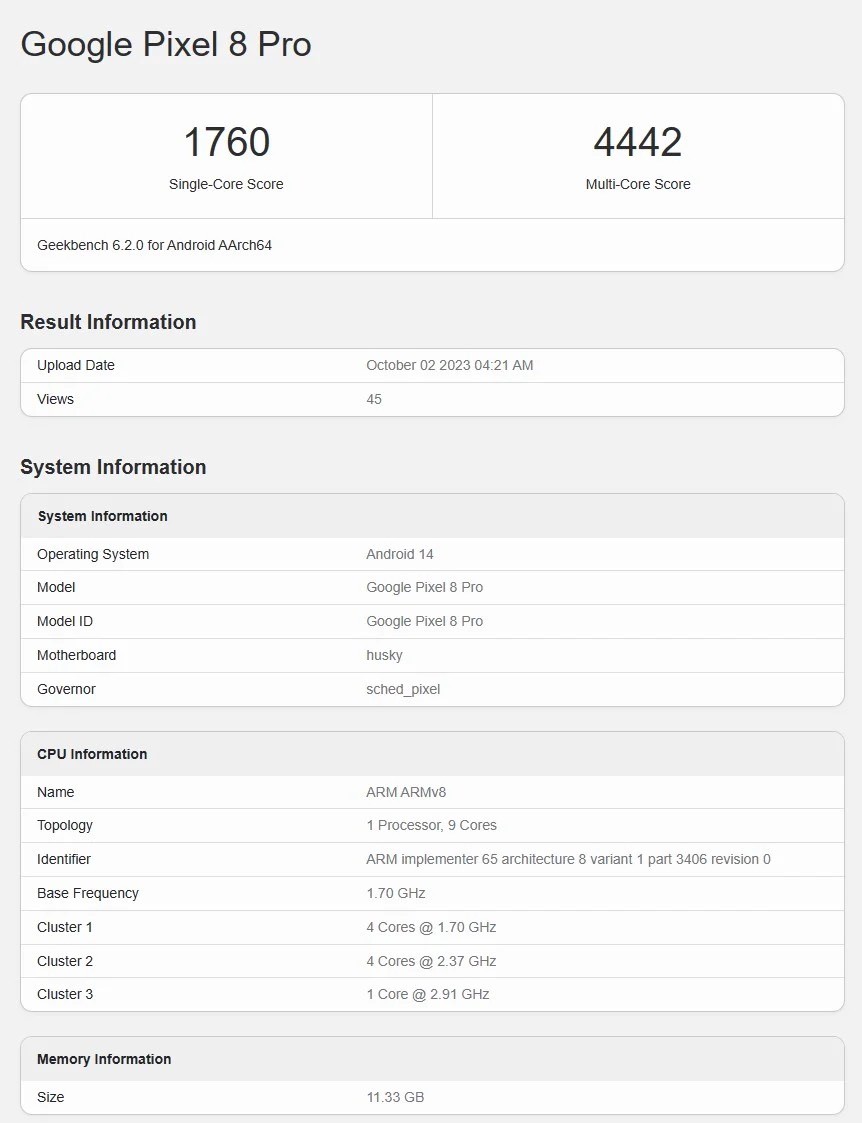 Google Pixel 8 Pro on Geekbench 