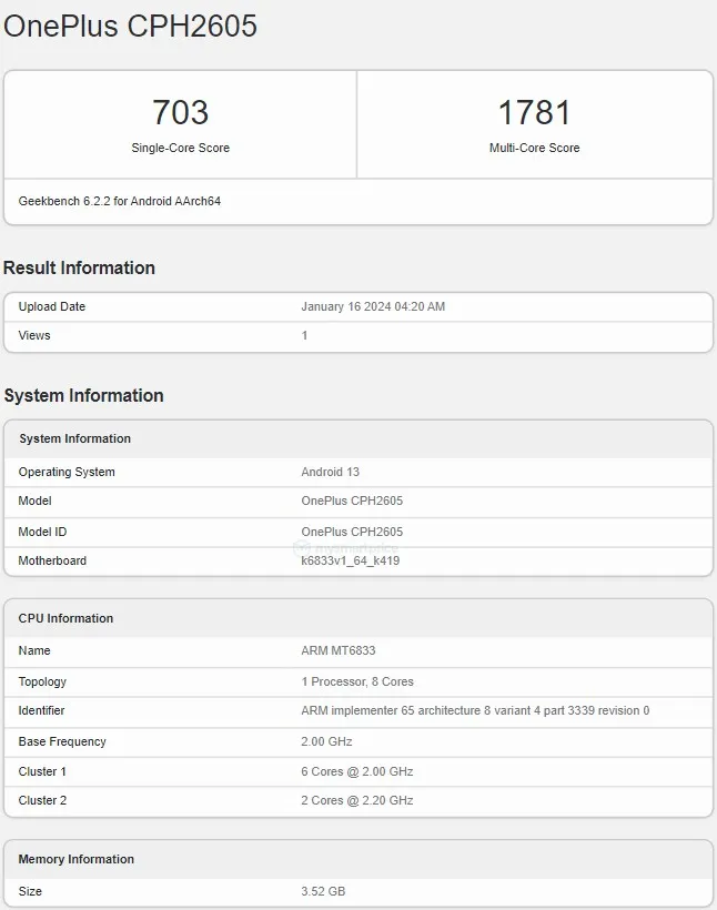 Geekbench OnePlus Nord N30 SE