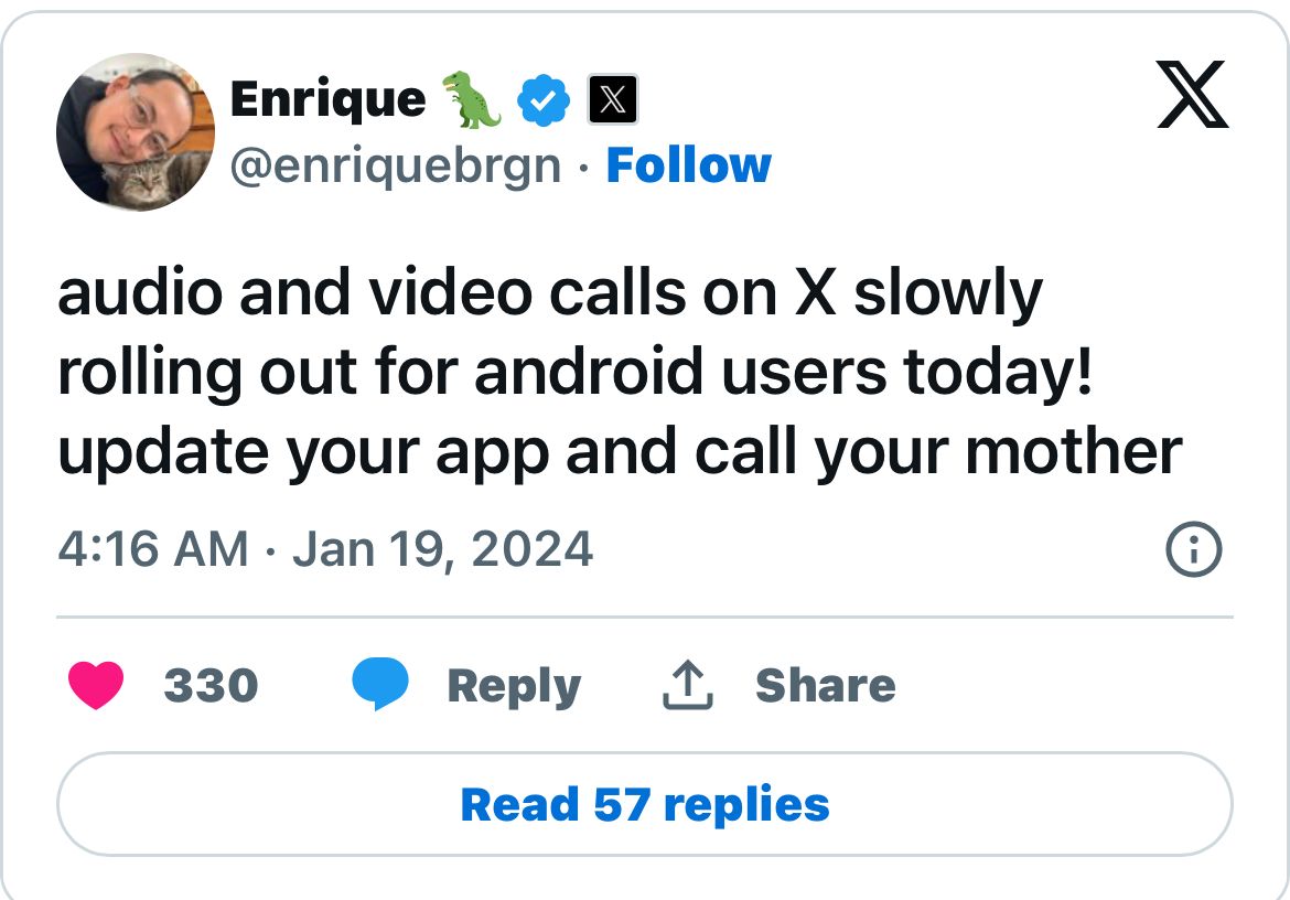 X developer Enrique Barragan, Android users may need to update their app to access the new functionality