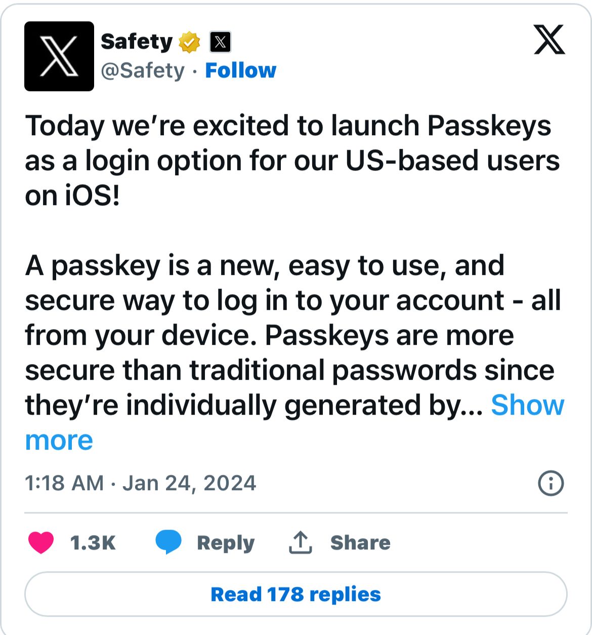 X introduces passkey authentication for iOS users in the U.S