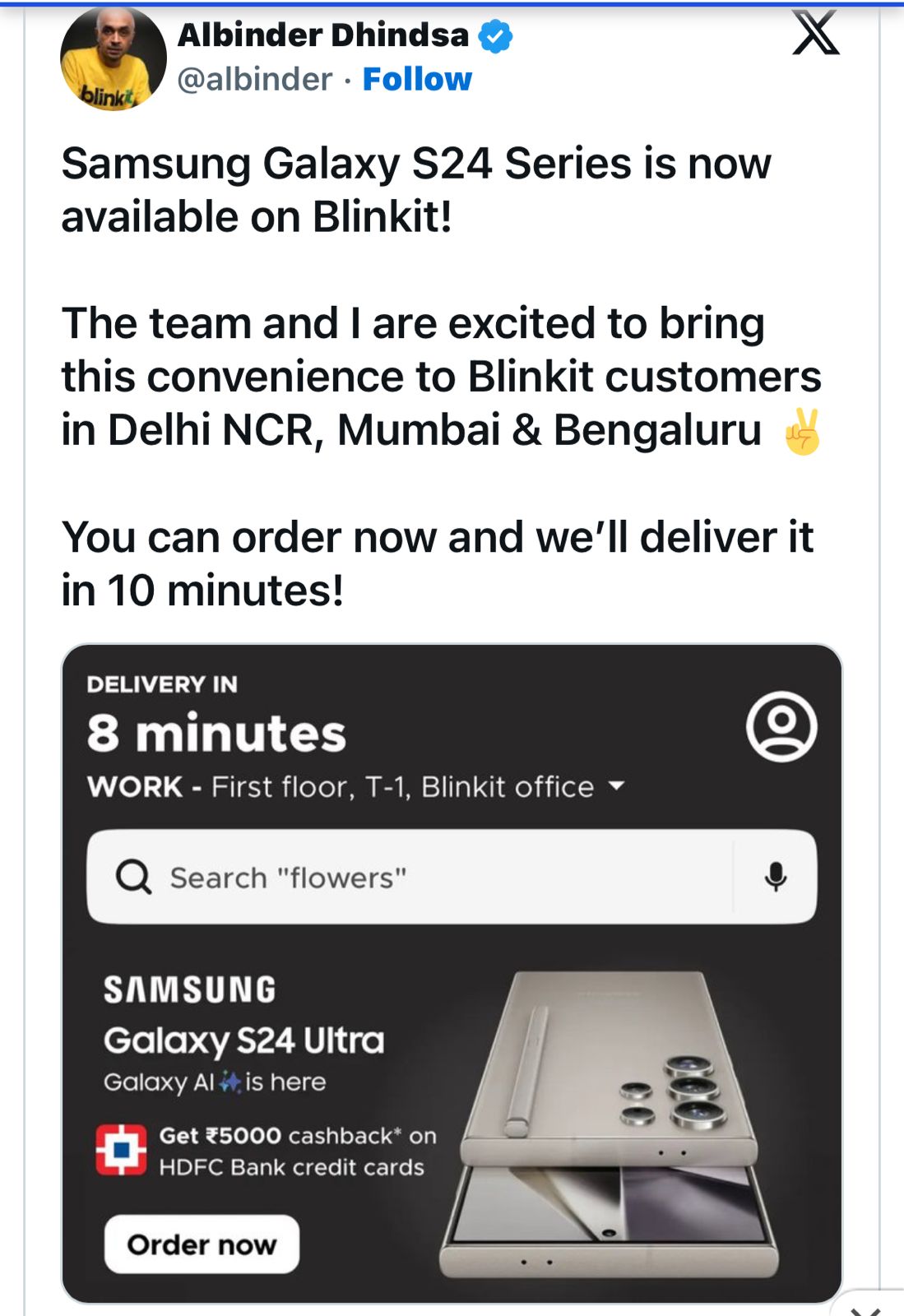 Samsung, today announced a tie-up with quick-commerce platform Blinkit