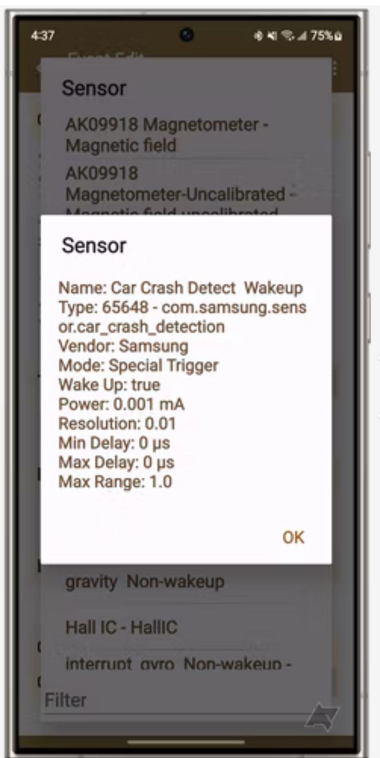 Car Crash Detect Wakeup sensor found on Galaxy S24 Ultra