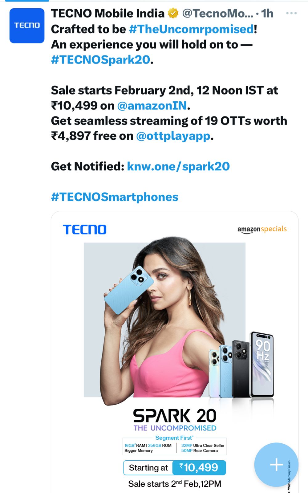 Tecno Spark 20 priced at Rs 10,499 with 8GB RAM and 256GB storage.