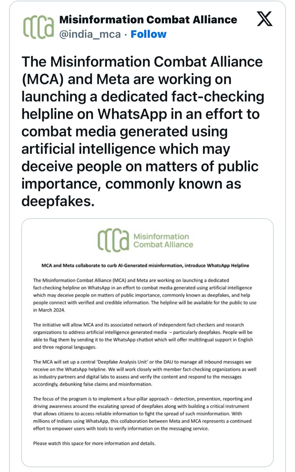 Meta will launch a fact-checking helpline on WhatsApp to combat AI-generated deepfakes.