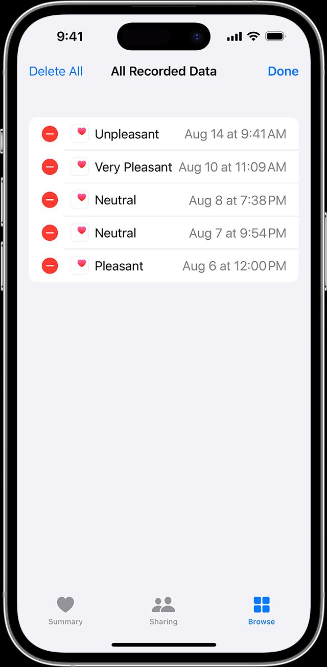 Delete a mood or emotion log or an assessment