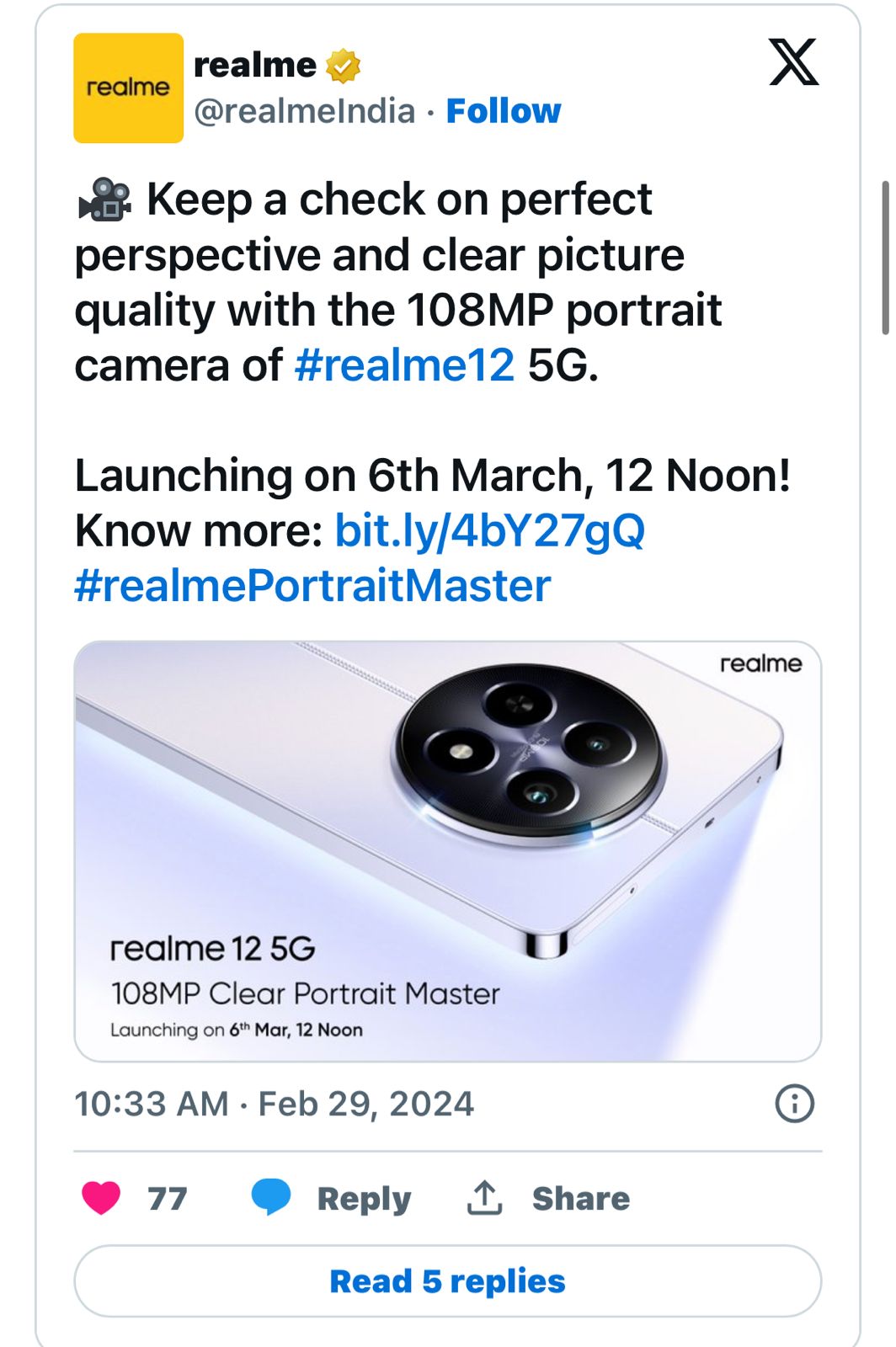 Realme 12+ 5G debuts in India on March 6, pre-orders open today