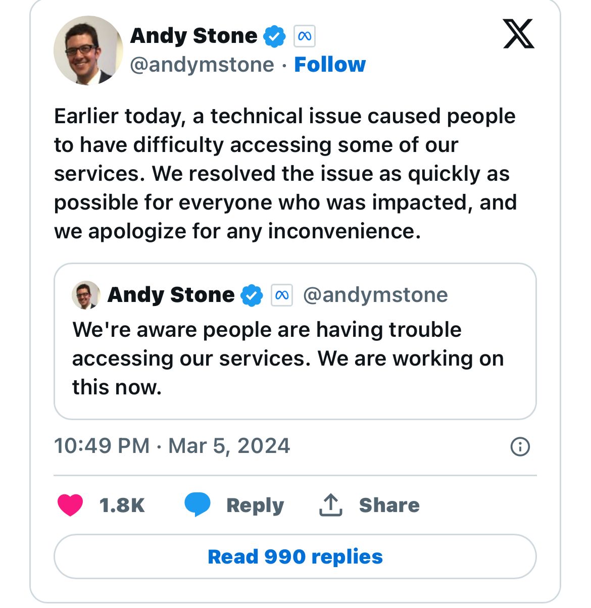 Stone, later, brought it to the users' notice that the 'technical issue' has been solved.
