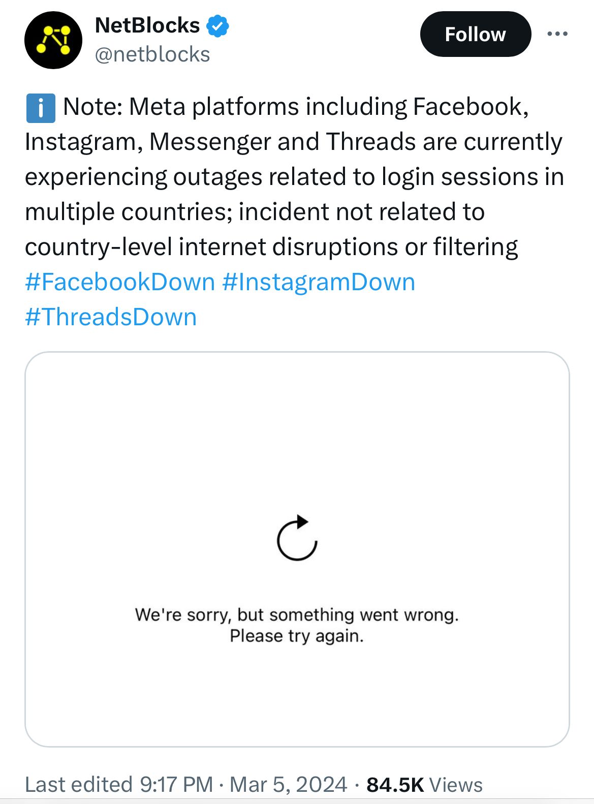 Facebook and Instagram down - updates: Meta gives reason for worldwide outage