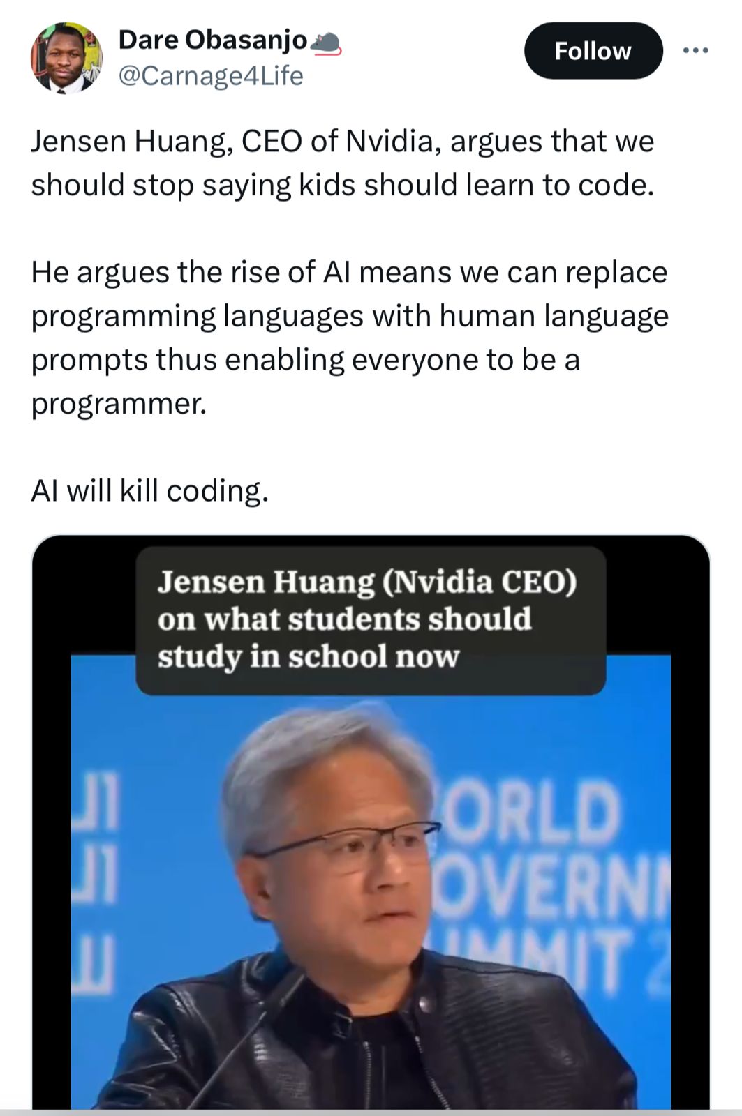 Nvidia CEO Jensen Huang suggests AI should take over coding, making traditional programming languages obsolete