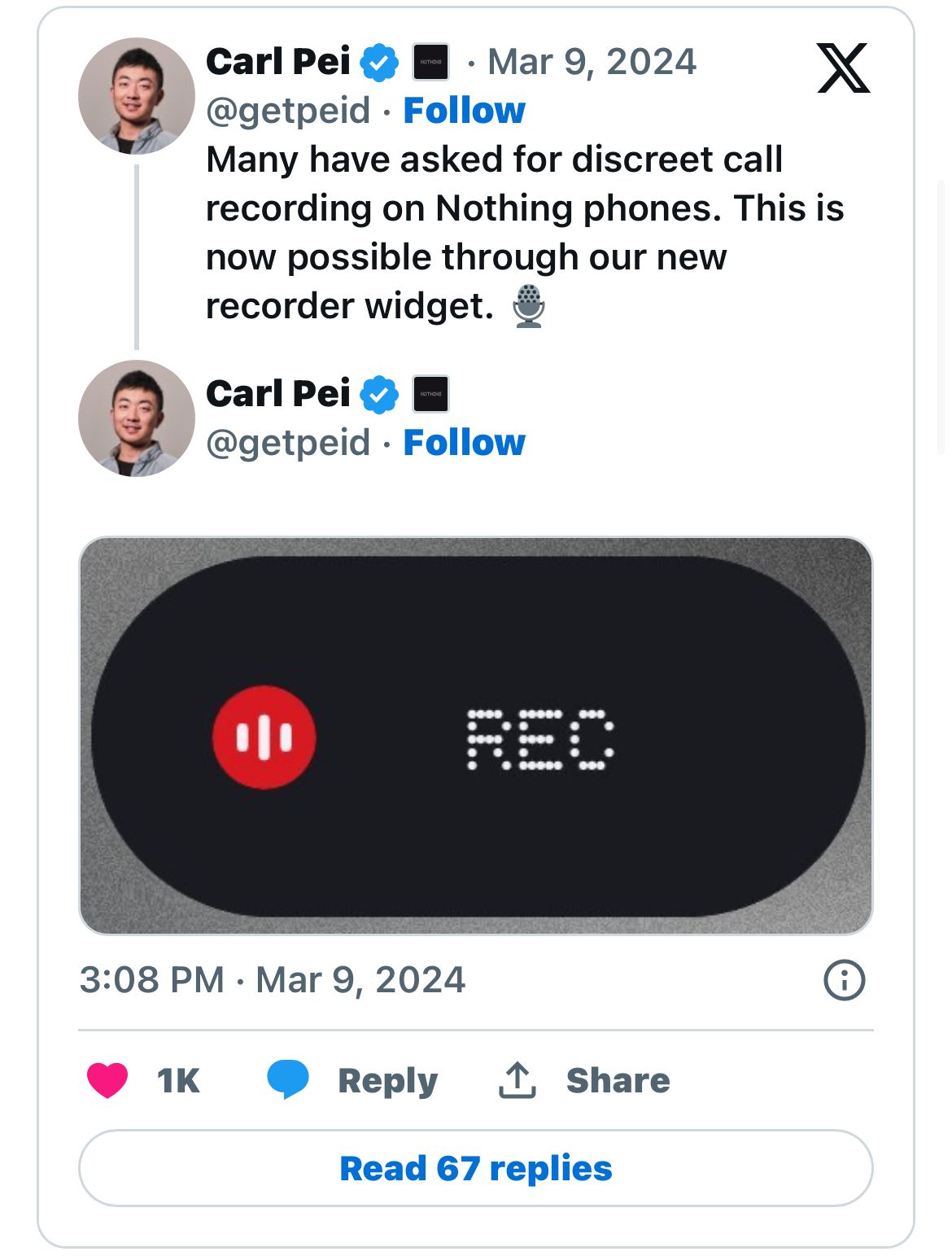 Nothing to allow discreet call recordings according to Carl Pei