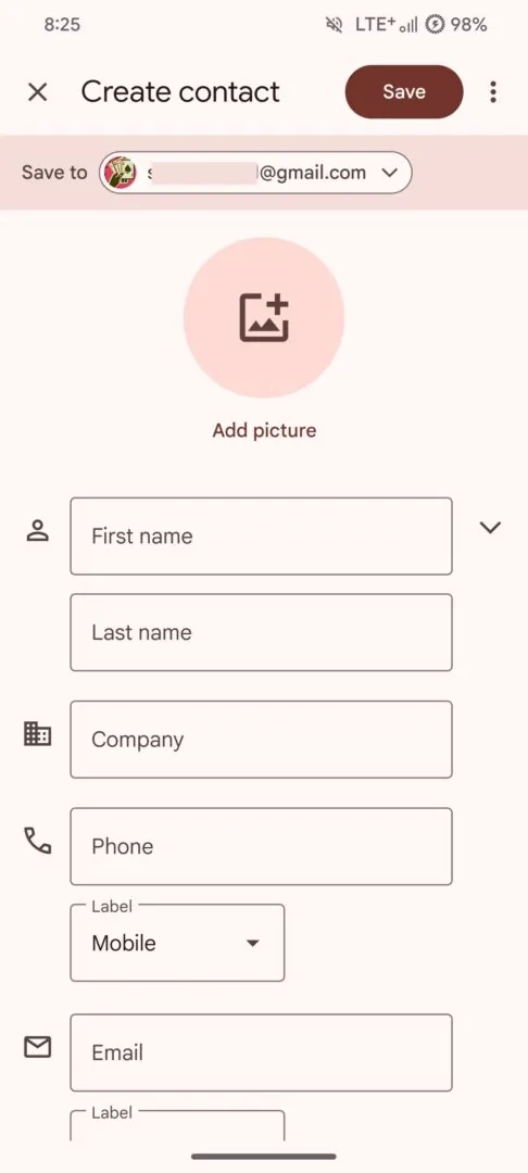 New "create" page for easier contact entry in the Google Contacts app
