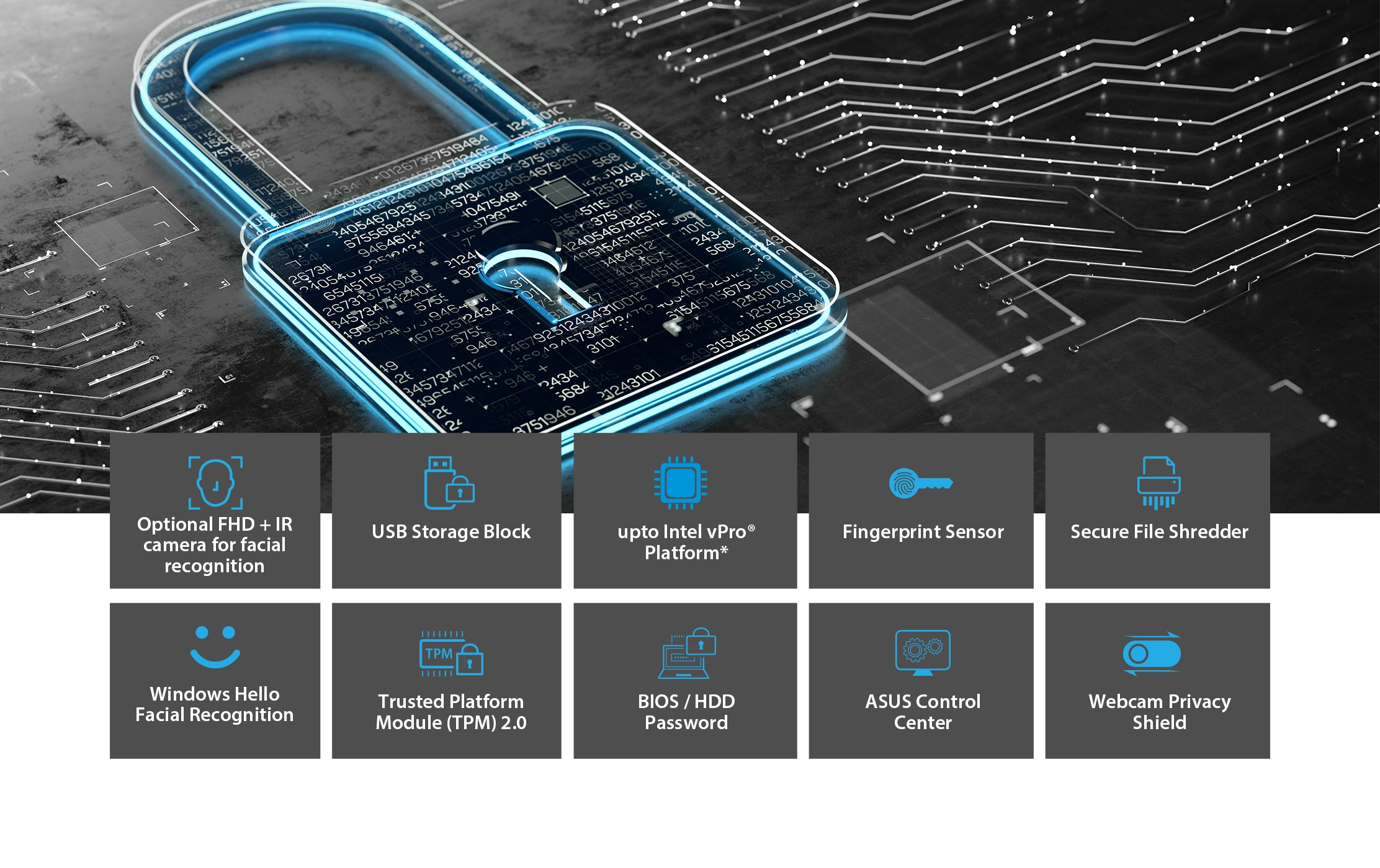 SUS ExpertBook B3404's enterprise-grade features. Choose the optional FHD + IR camera for facial recognition or use the fingerprint sensor