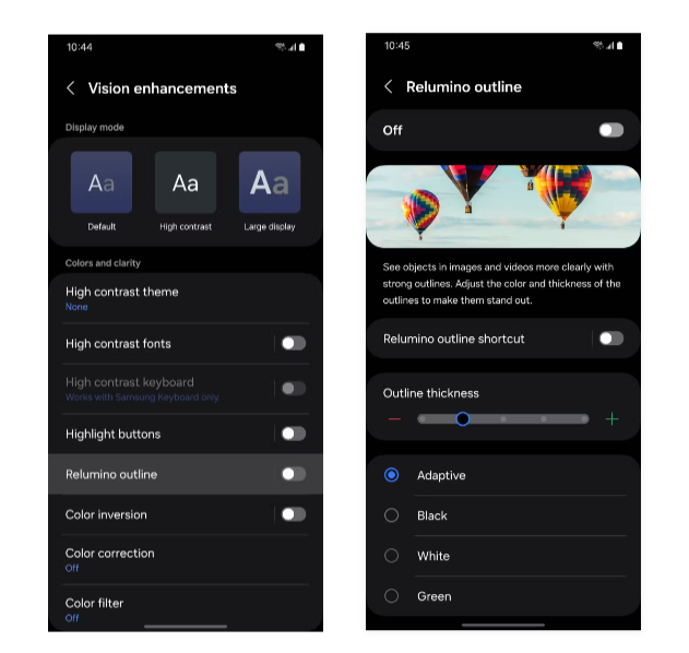 Relumino Mode enhances color, contrast, and sharpness for visually impaired users
