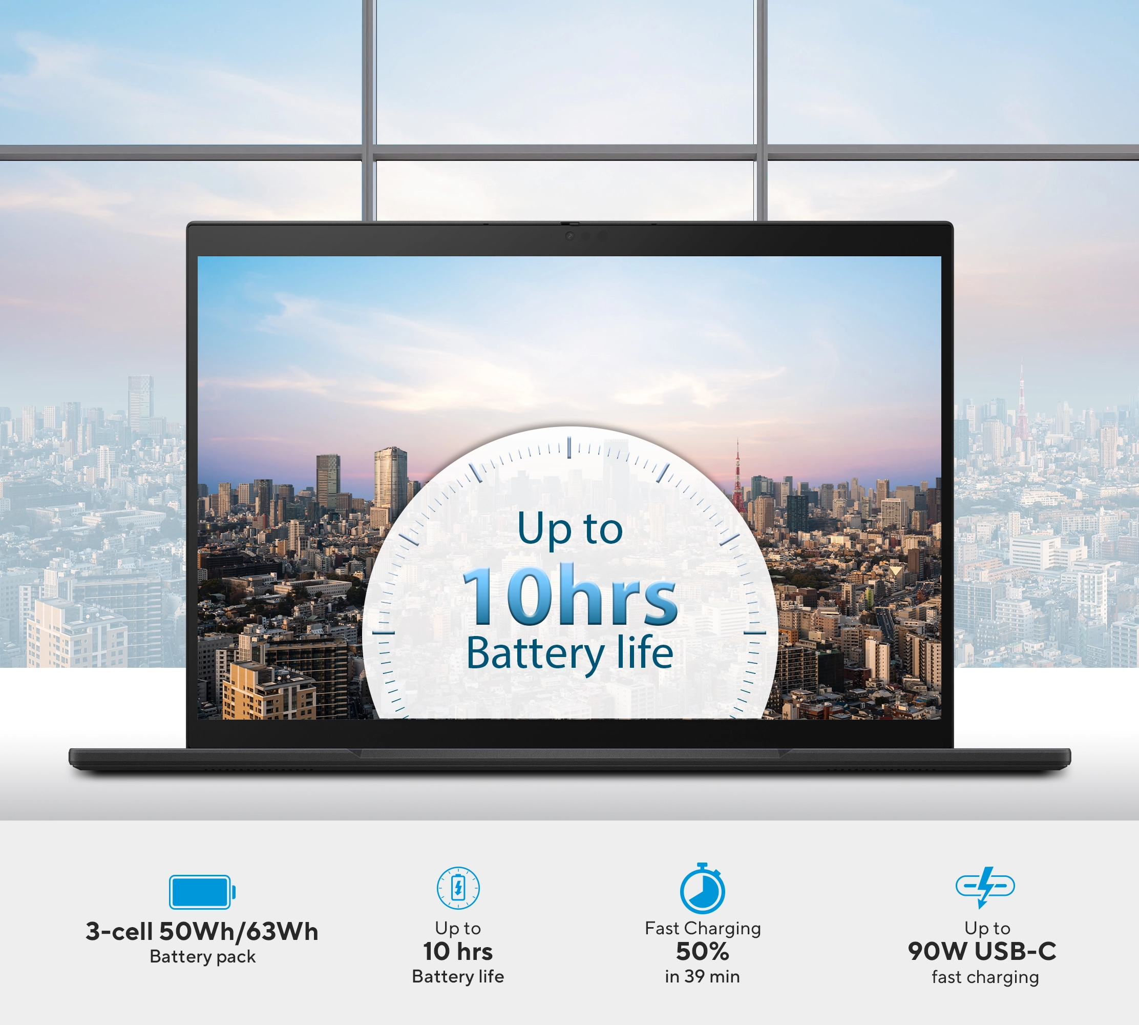 Stay productive throughout the day with the Expertbook B3404, featuring a high-capacity up to 63Wh battery in a 3-cell configuration.