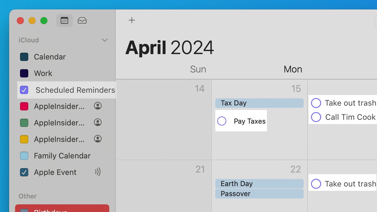 Direct scheduling of reminders within the Calendar app