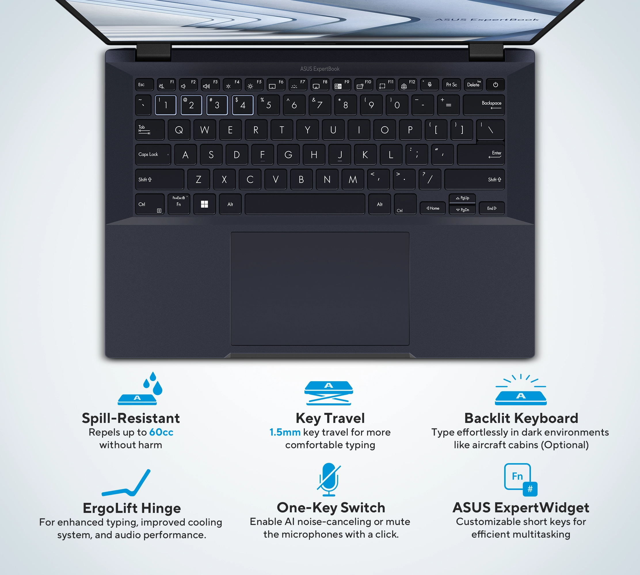  ASUS ExpertBook B3404 features a spill-resistant keyboard designed to withstand accidental spills of up to 60cc, ensuring durability and peace of mind during busy workdays