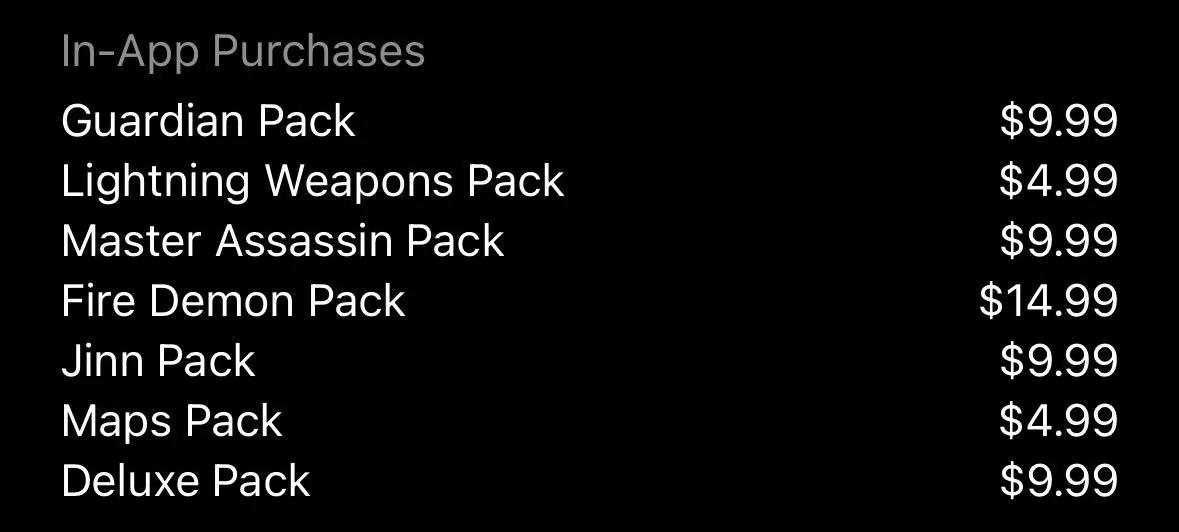 In-app purchases for the iOS and iPadOS versions of Assassin's Creed Mirage.