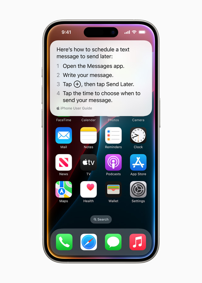 With onscreen awareness, Siri makes it easy to perform an action related to information on the screen, such as adding an address received in Messages to a friend’s contact card.
