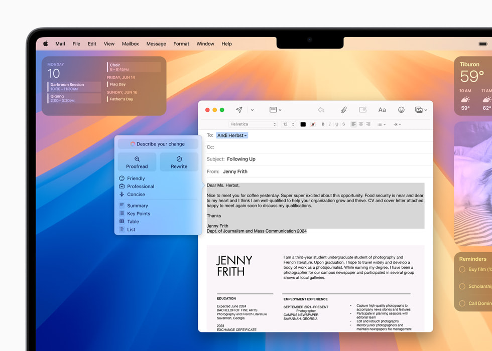 With brand-new systemwide Writing Tools powered by Apple Intelligence, users can rewrite, proofread, and summarize text nearly everywhere they write.