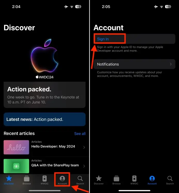 Open the Developers app, tap on the Account tab from the bottom, and hit the Sign In button