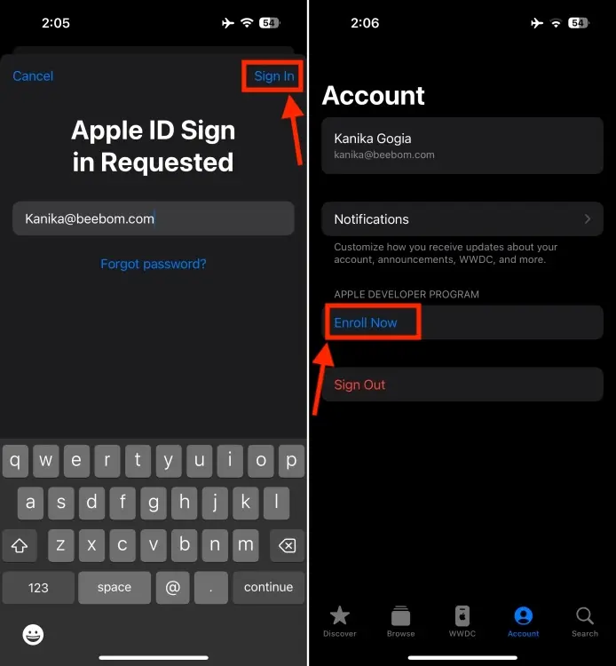 Now, sign in with your Apple ID and tap Enroll Now