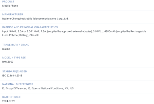 Realme 13+ 5G TUV Rheinland Japan listing