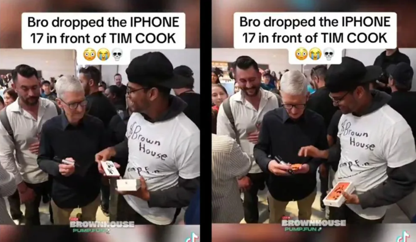 Stills from the Viral Video where a fan drops a new iPhone 17 Pro in front of Apple CEO.