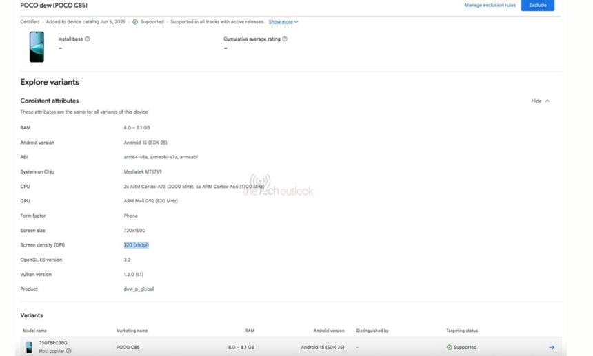 Caption - Poco C85 4G on Google Play Console.