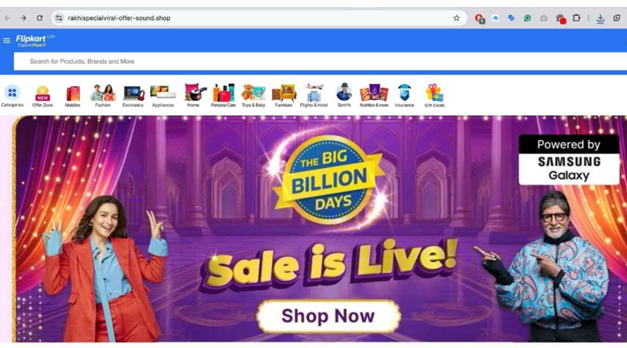 Text: Screenshot of a fake Flipkart website showing a counterfeit deal used in an online scam.