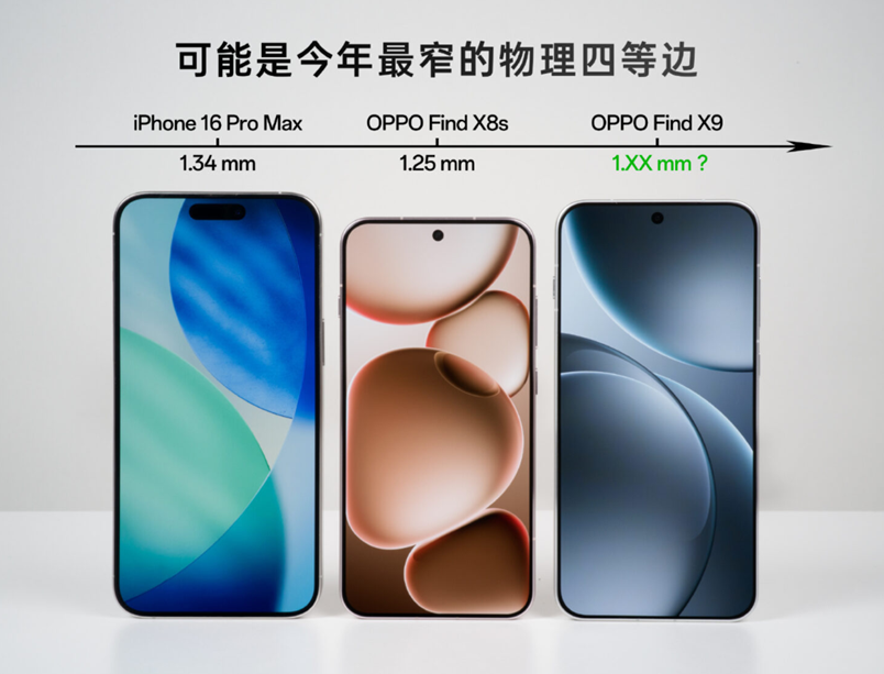 Oppo Find X9’s slim bezels compared to Find X8s and Apple iPhone 16 Pro Max. 