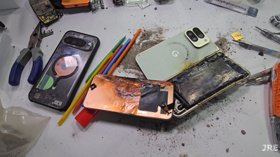 Google Pixel 10 Pro Fold explodes during durability test. (Credit - JerryRigEverythOn YouTube)