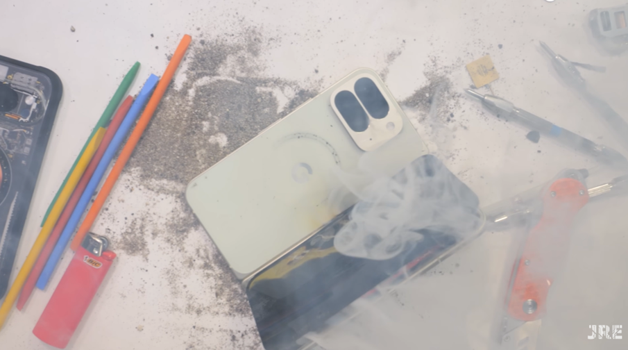  Stills showing how the Google Pixel 10 Pro Fold caught fire. (Credit - JerryRigEverything On YouTube)