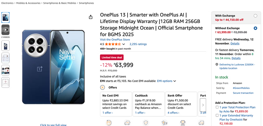  OnePlus 13 on Amazon India. (Screenshot by 91Mobiles)