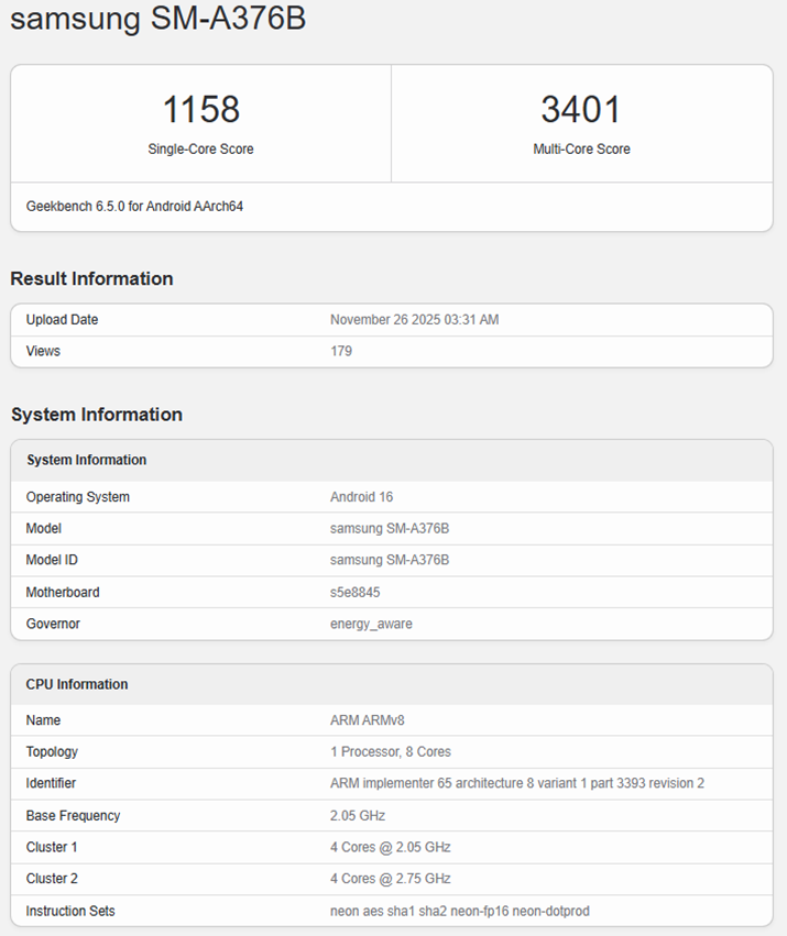 Samsung Galaxy A37 5G on Geekbench.