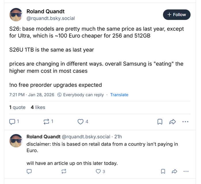 Tipster Roland Quandt’s recent post on Bluesky App.