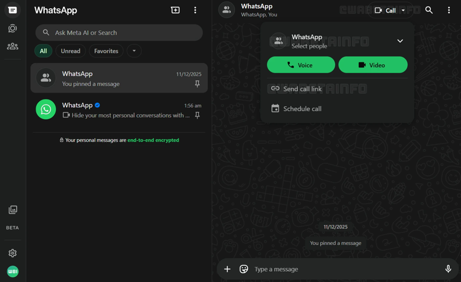 WhatsApp is working on voice and video calls for group chats on Web. (Screenshot by @WABetaInfo on X)
