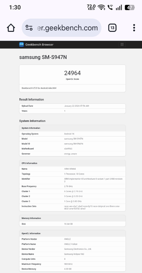 Samsung Galaxy S26+ Appears on Geekbench. (Screenshot by @yabhishekhd on X)