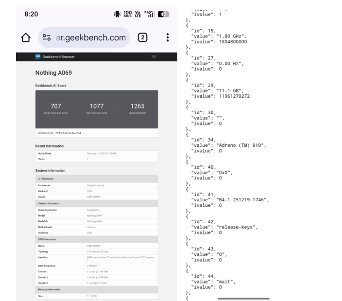 Nothing 4a Pro spotted on Geekbench. (Screenshots by @yabhishekhd on X)