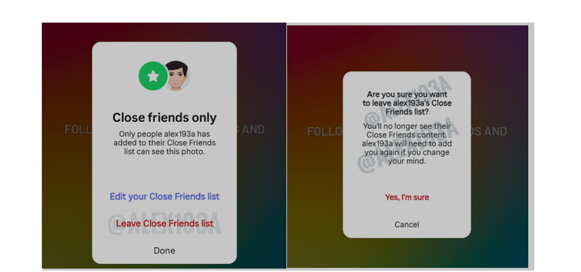 The upcoming ‘Leave Close Friends’ feature on Instagram. (Screenshot by @alex193a on X)