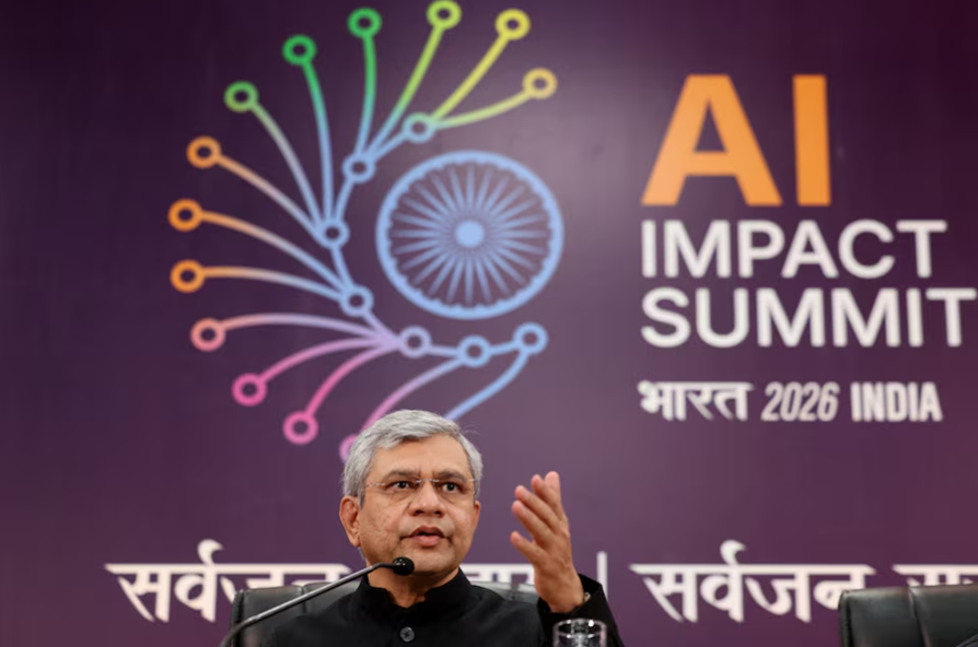 Union Minister Ashwini Vaishnaw, during a press conference at Bharat Mandapam, AI Impact Summit, in New Delhi. (Image credit - Reuters)