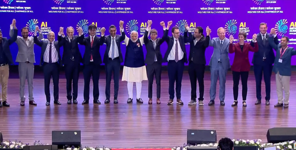World leaders and tech titans join PM Modi at the India AI Impact Summit 2026 stage. (Image credit - ANI)