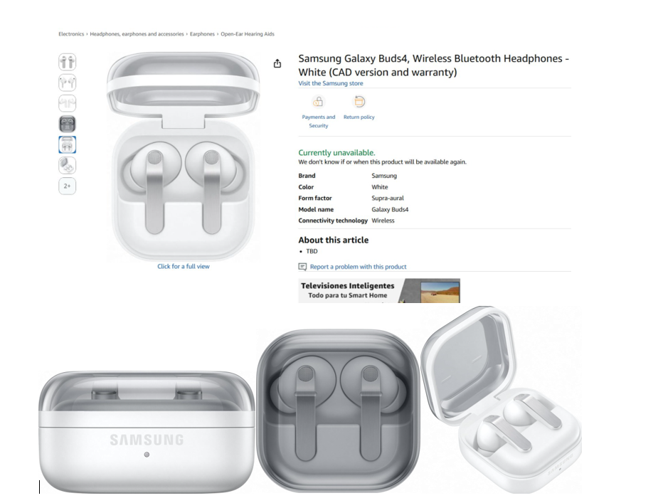 Samsung Galaxy Buds 4 listed on Amazon. (Screenshots by @passionategkeez on X)