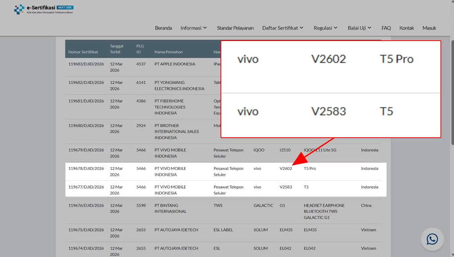 Vivo T5 and T5 Pro appeared on the Postel page of Komdigi on March 12, 2026. (Screenshot 91Mobiles Indonesia)